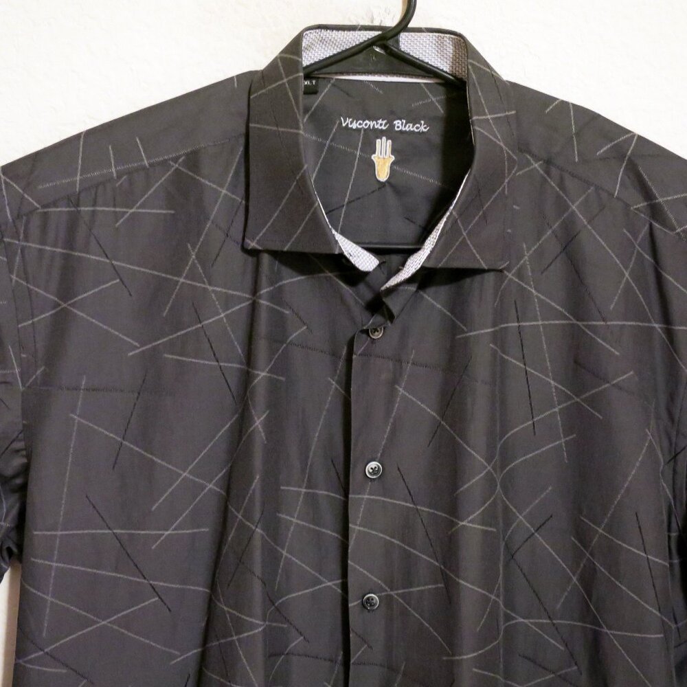 Visconti Black Shirt Mens XLT Long Sleeve Button Charcoal Gray White Lines